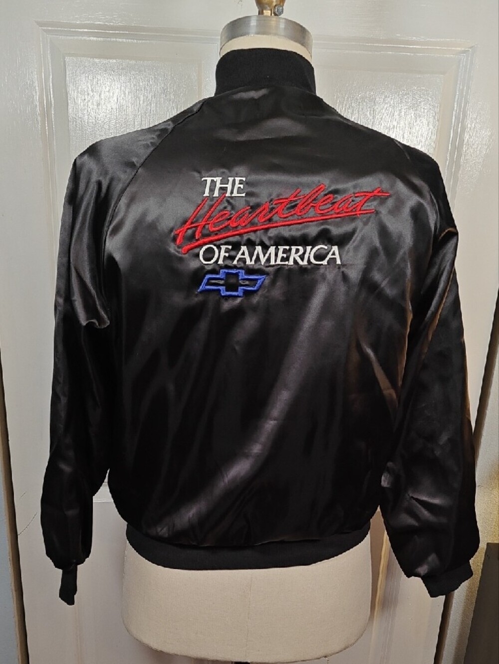 Vintage 80s West Ark Mens L Black Chevy Heartbeat of America Satin Bomber Jacket